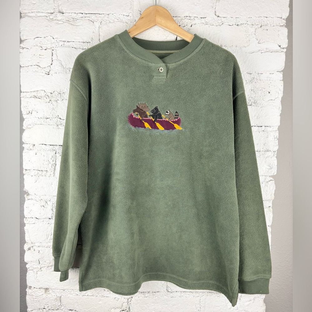 Vintage Y2K Animals In Canoe Fleece Pullover Jumper L